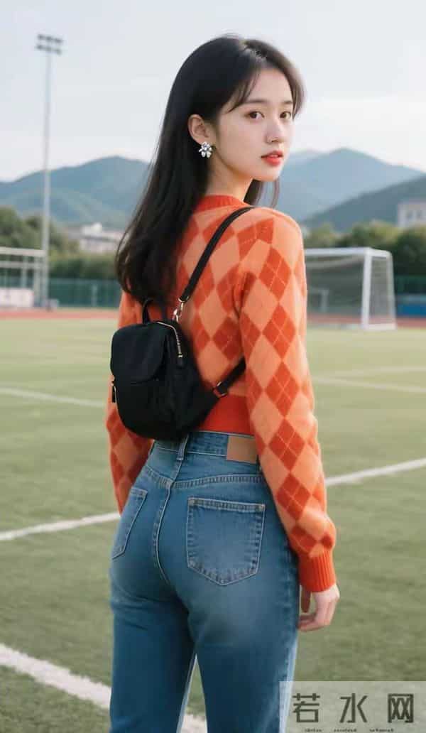 橙色格子毛衣与牛仔裤