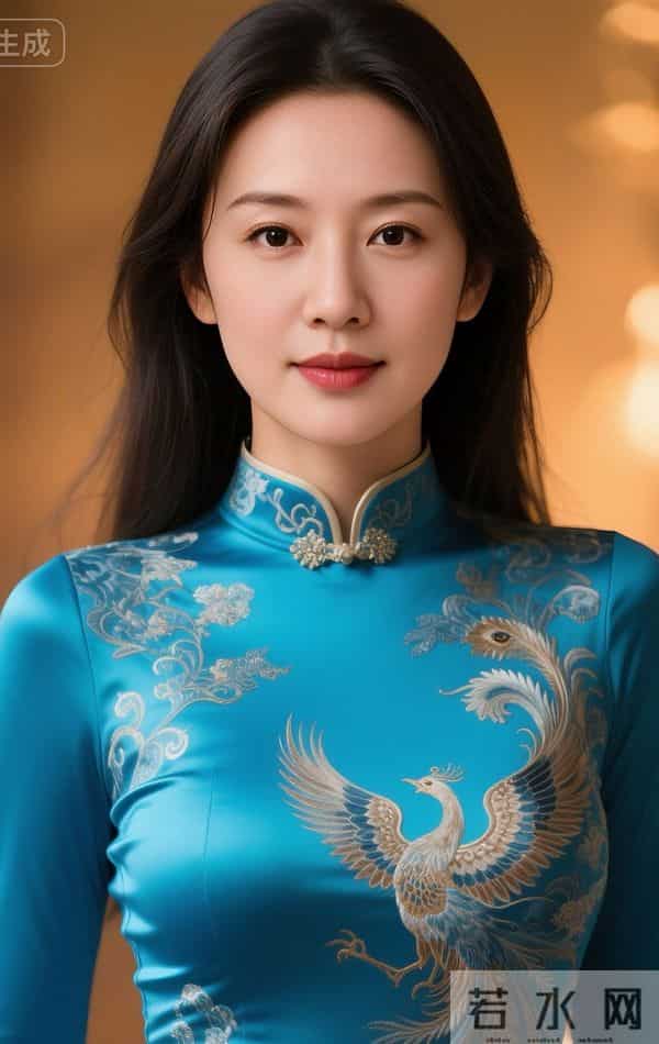 绣凤凰的蓝色丝绸旗袍