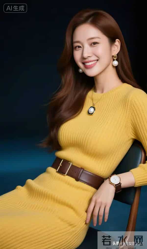 绝色佳人，一袭黄色针织毛衣连衣裙，优雅端庄，娇艳妩媚！