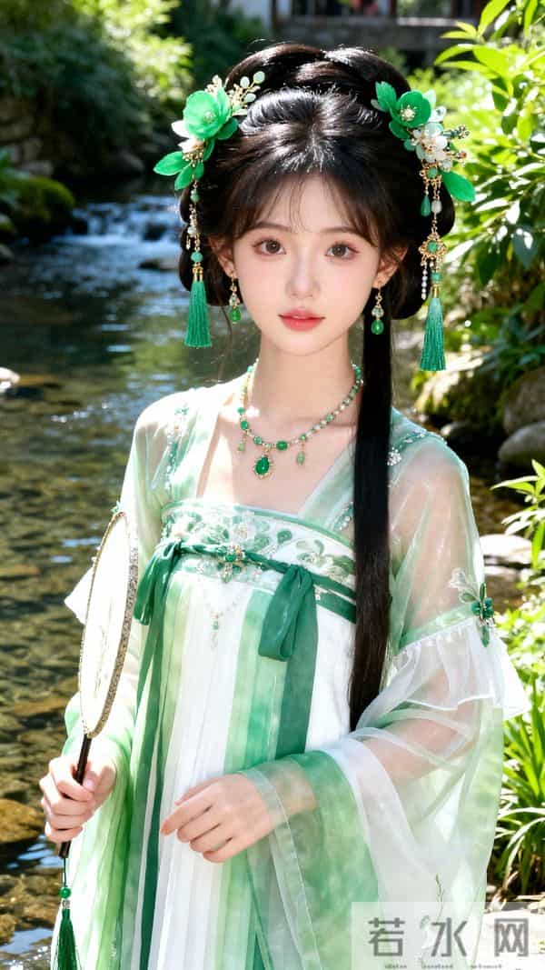 一位身着绿白渐变古风汉服的女子，服饰风格清新雅致 面料轻薄通透