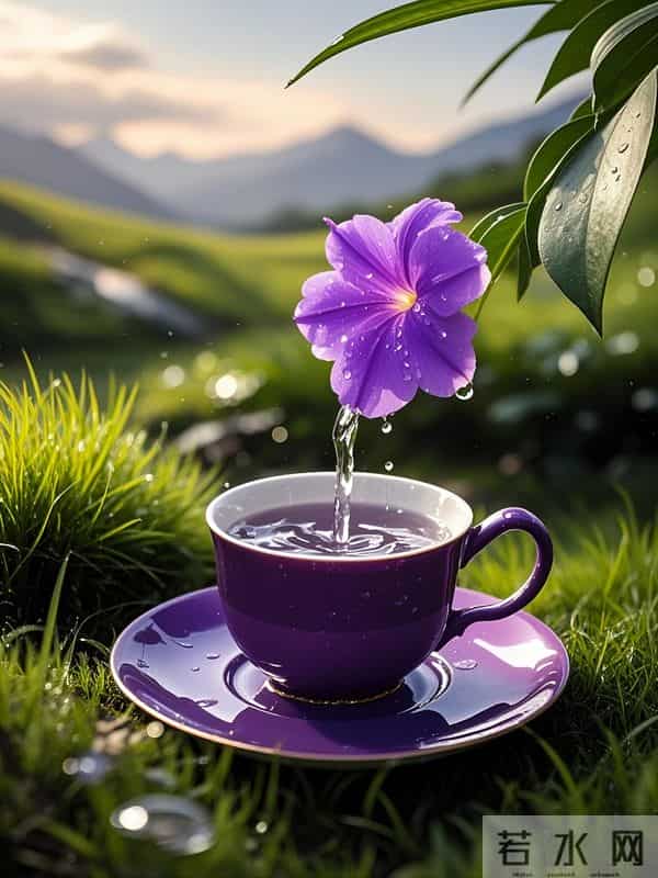 晨雾未散时,紫花与茶杯在露水中相遇