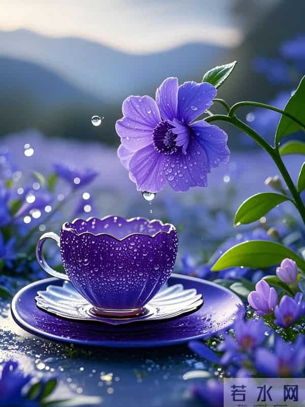 晨雾未散时,紫花与茶杯在露水中相遇