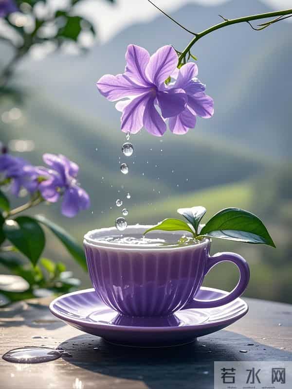 晨雾未散时,紫花与茶杯在露水中相遇
