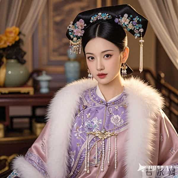 清宫贵妃,水粉色浅色紫色白色冬季服饰,有白色毛绒点缀领子