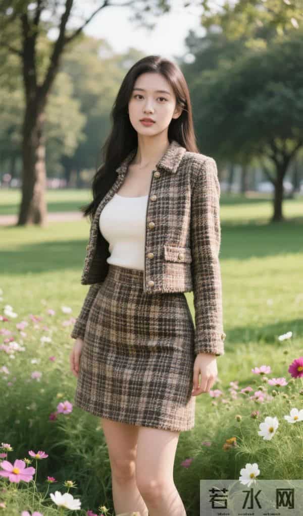 粗花呢格纹套裙，草坪氛围感好绝