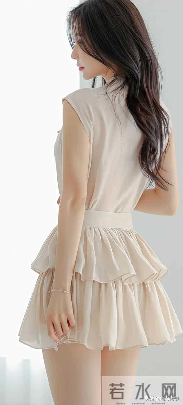 立领蝴蝶结束腰，双层荷叶边短裙，浅米色雪纺。