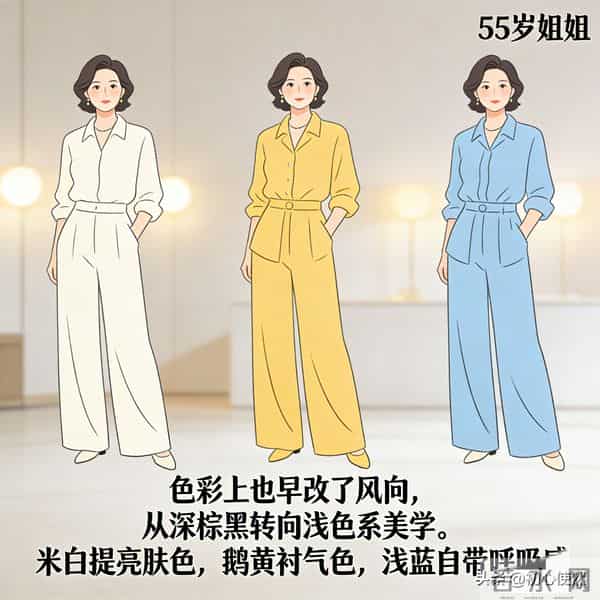 55岁姐姐穿搭新密码：阔腿裤+浅色系，优雅减龄超有范儿