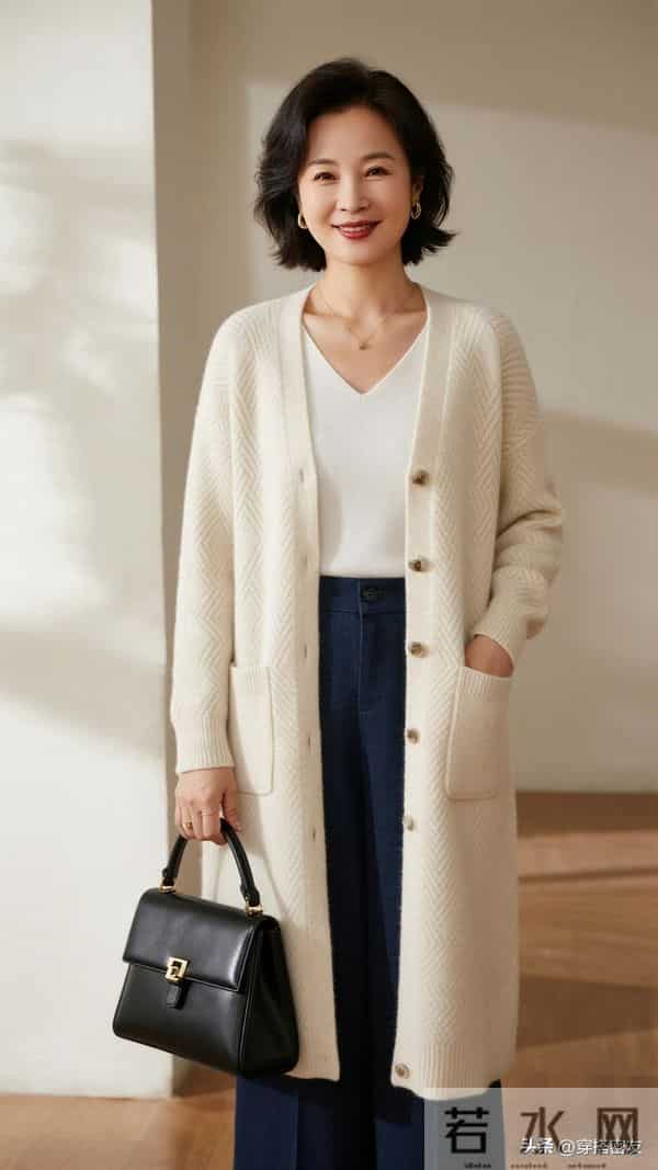 中老年女士冬季穿搭:米白色长款针织开衫内搭纯白色圆领T恤