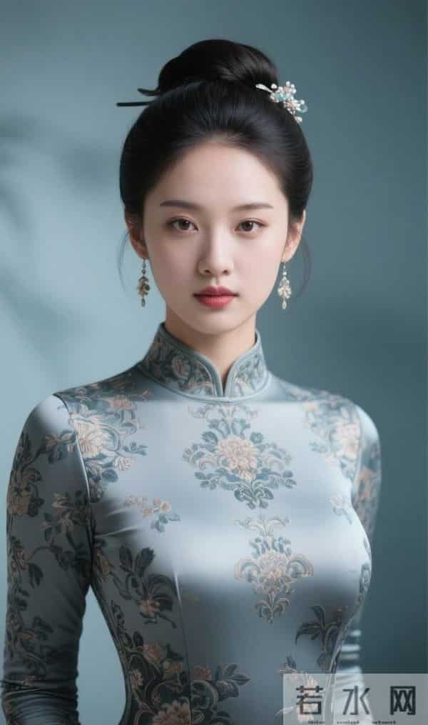 绣牡丹花的灰色旗袍