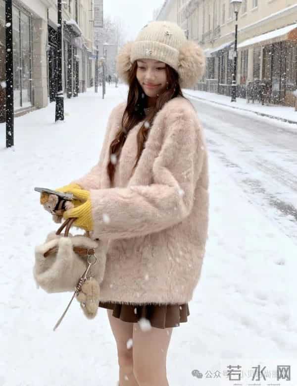 粉绒外套撞黄手套，甜妹冬日甜暖氛围感拉满