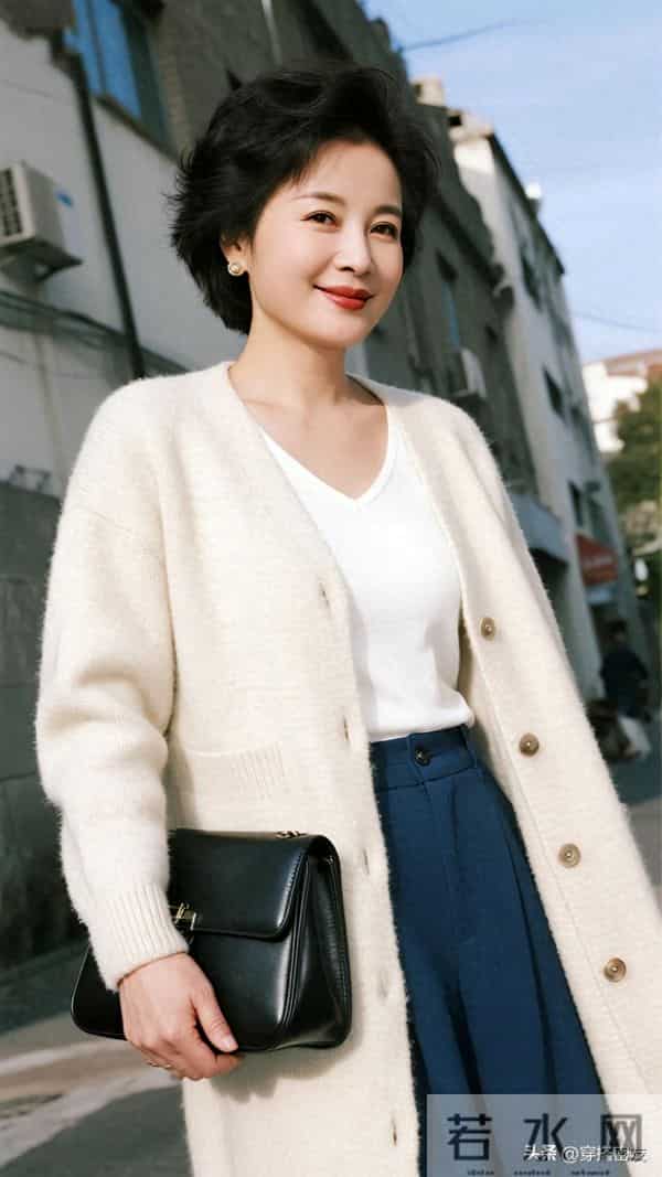 中老年女士冬季穿搭:米白色长款针织开衫内搭纯白色圆领T恤