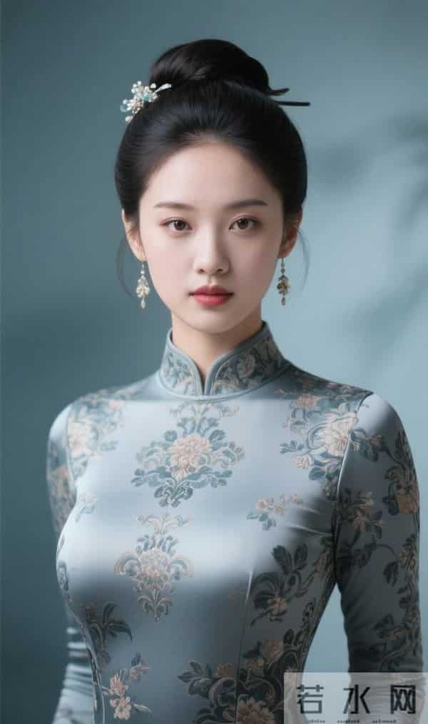 绣牡丹花的灰色旗袍