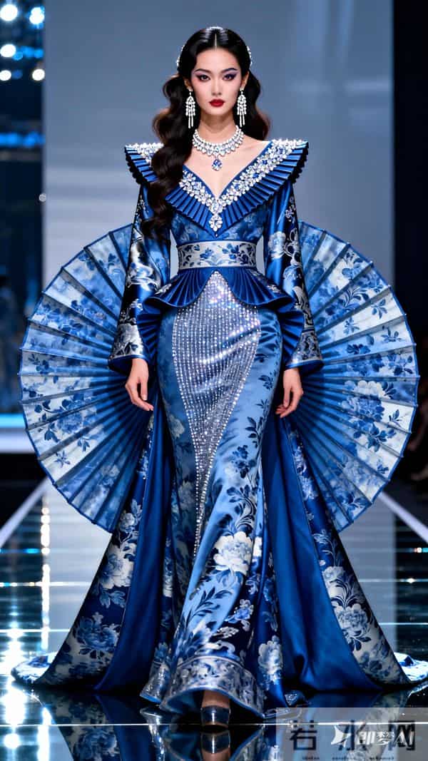 现代美人，古典和现代相结合 T台之上，绝世容颜，大波浪半扎长发