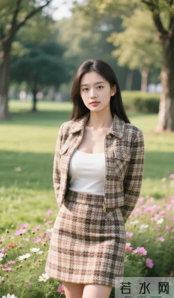 粗花呢格纹套裙，草坪氛围感好绝