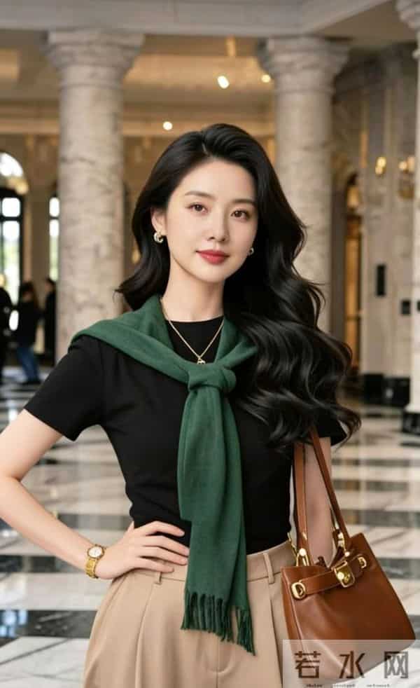 黑色短袖衫与绿围巾