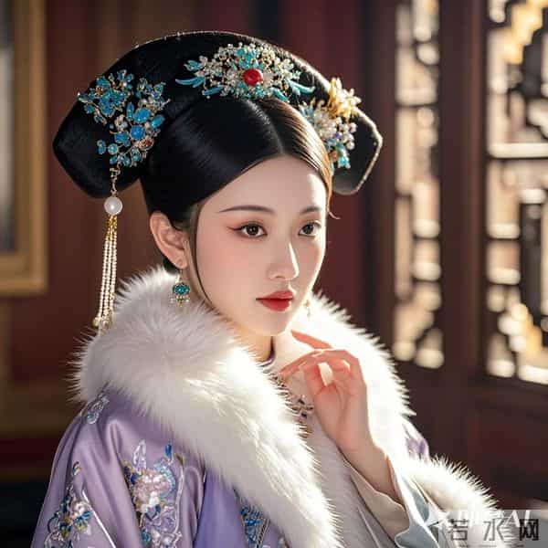 清宫贵妃,水粉色浅色紫色白色冬季服饰,有白色毛绒点缀领子
