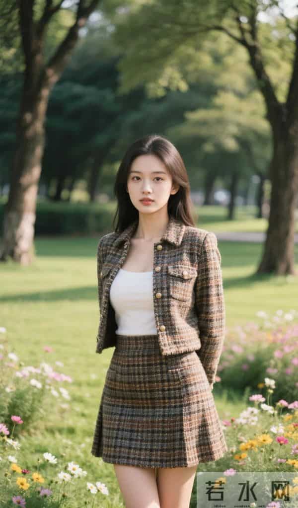 粗花呢格纹套裙，草坪氛围感好绝