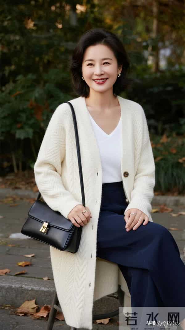 中老年女士冬季穿搭:米白色长款针织开衫内搭纯白色圆领T恤