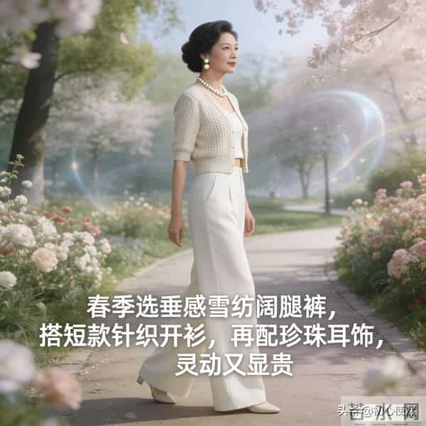 55岁姐姐穿搭新密码：阔腿裤+浅色系，优雅减龄超有范儿