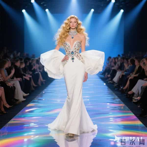华丽灯光闪耀的走秀T台，地面彩色波光粼粼，T台下两侧坐满观众