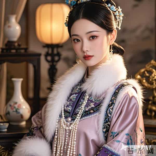 清宫贵妃,水粉色浅色紫色白色冬季服饰,有白色毛绒点缀领子