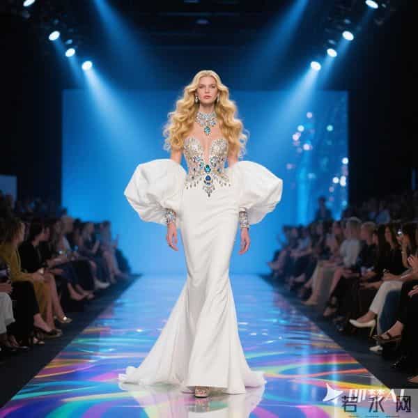 华丽灯光闪耀的走秀T台，地面彩色波光粼粼，T台下两侧坐满观众