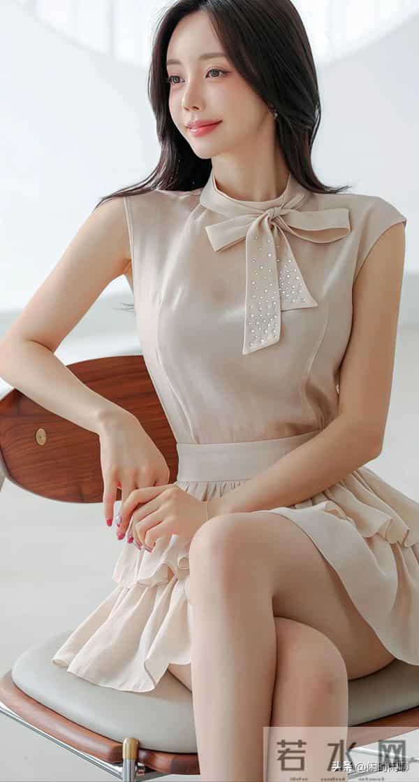 立领蝴蝶结束腰，双层荷叶边短裙，浅米色雪纺。