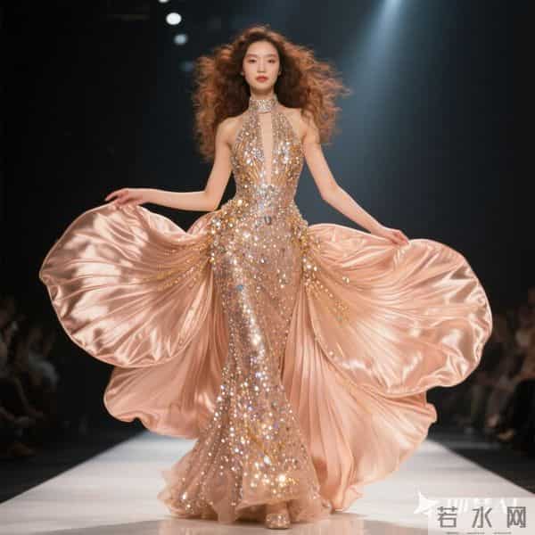 时尚潮流礼服设计师款玫瑰金色挂脖款重工礼服