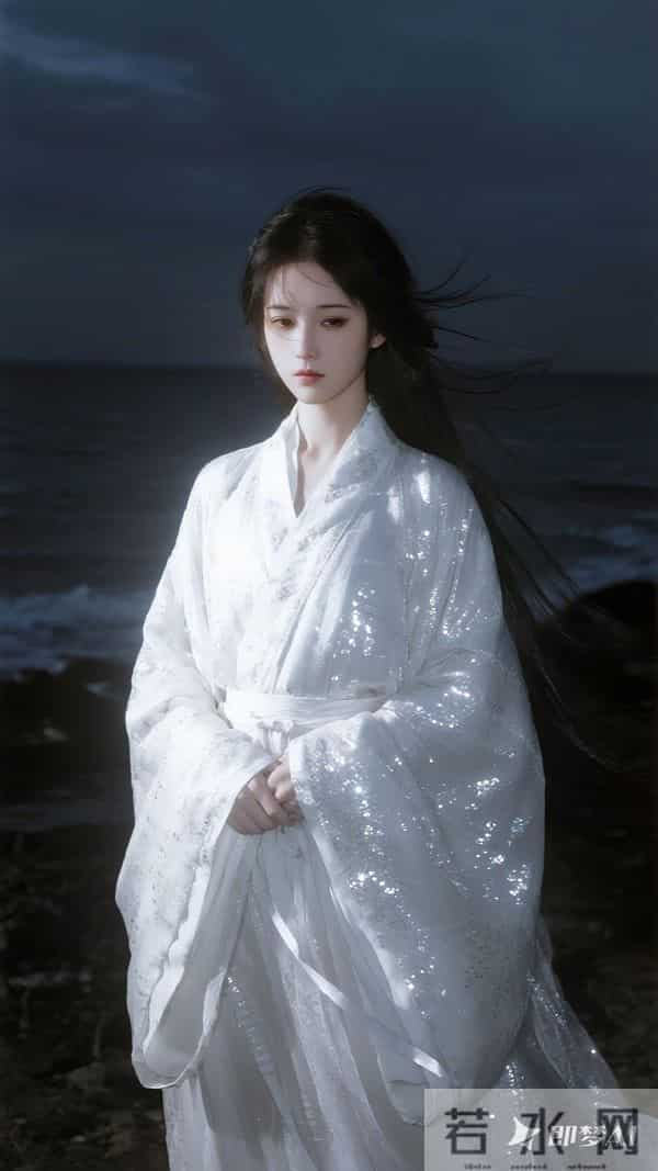 孤独，晚风，长发，迷茫，女，大风，白色色亮片大袖汉服