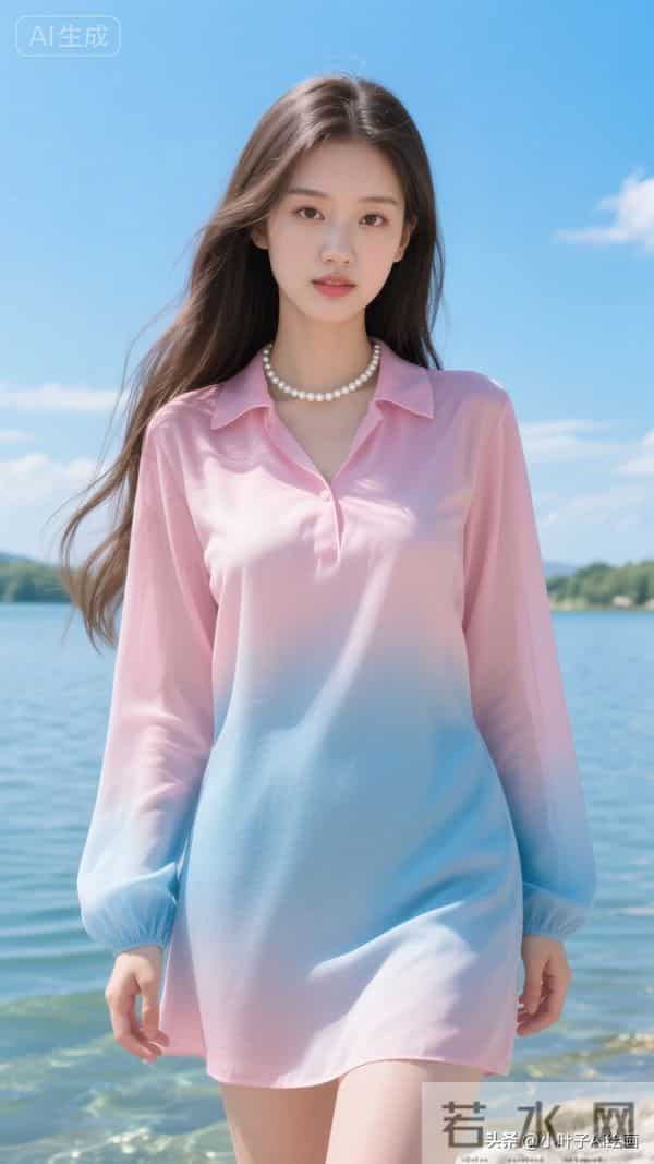 粉蓝渐变纱衫搭浅蓝裙,珍珠链衬柔清,是湖畔边的甜氧少女感