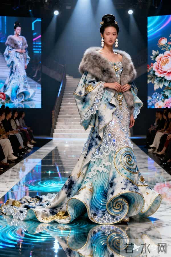 整体有氛围感高级感，背景要有大屏，有大T台，T台宽阔