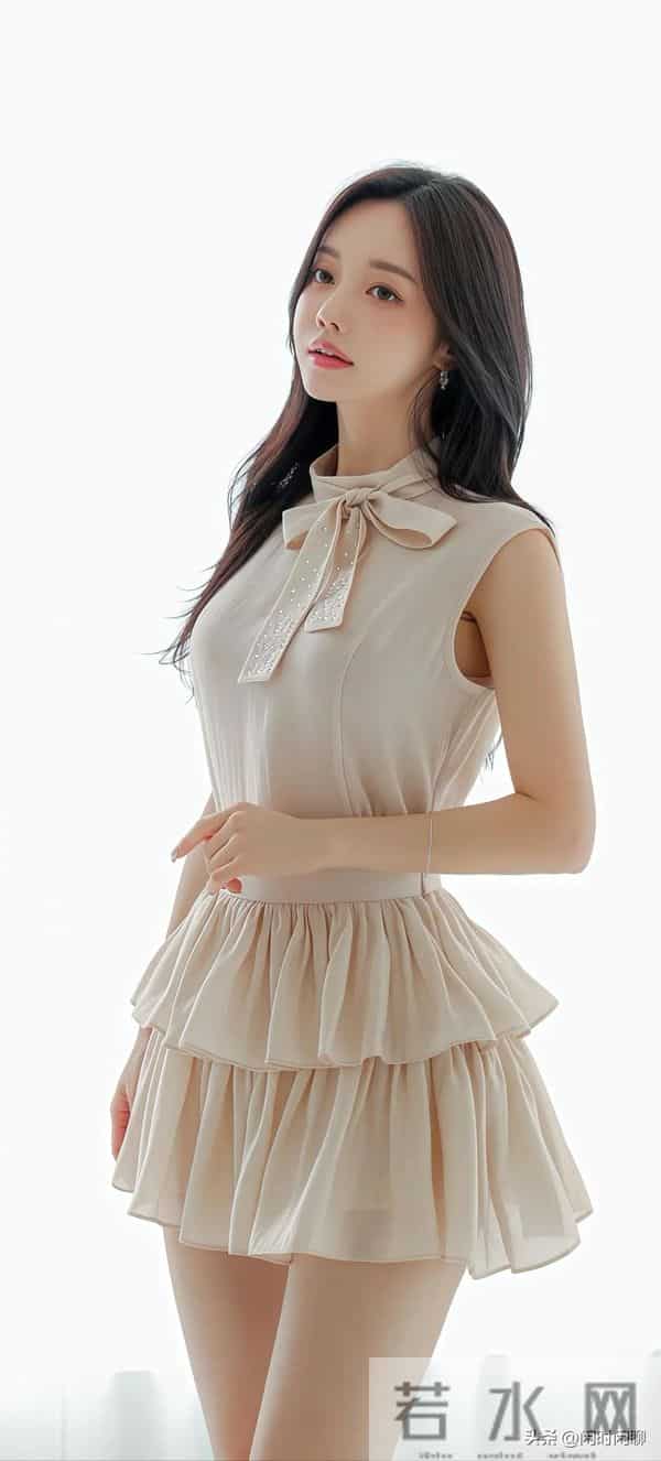 立领蝴蝶结束腰，双层荷叶边短裙，浅米色雪纺。