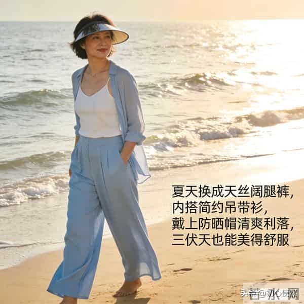 55岁姐姐穿搭新密码：阔腿裤+浅色系，优雅减龄超有范儿