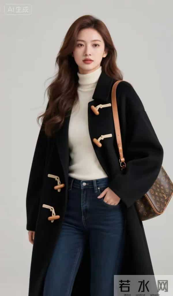 穿黑大衣与牛仔裤的魁力