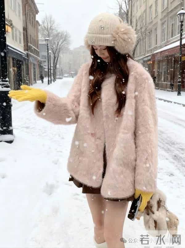 粉绒外套撞黄手套，甜妹冬日甜暖氛围感拉满