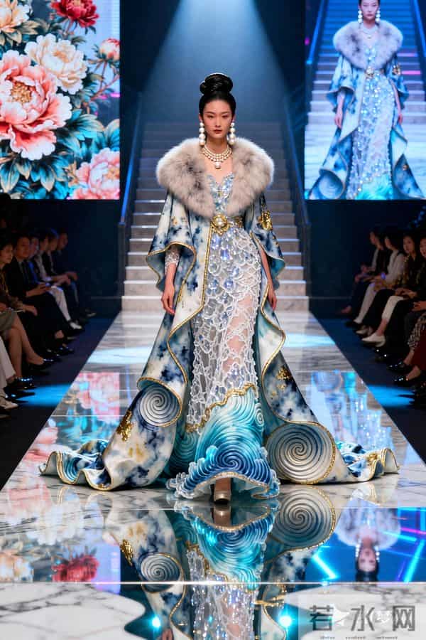 整体有氛围感高级感，背景要有大屏，有大T台，T台宽阔