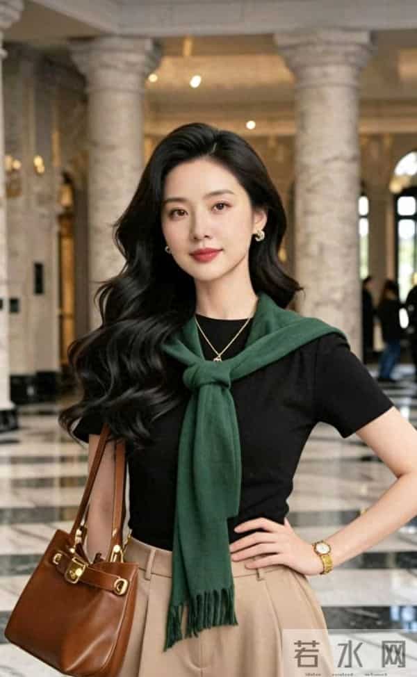 黑色短袖衫与绿围巾