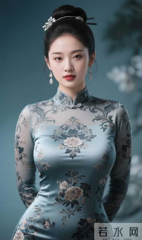 绣牡丹花的灰色旗袍