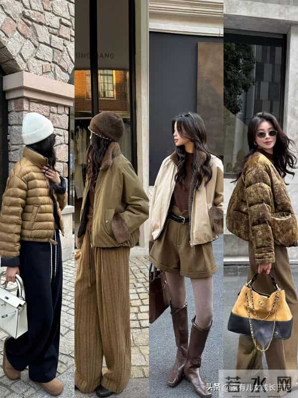 外企通勤别愁,“利落咖色羽绒+同色系细节+质感配饰”优雅低奢