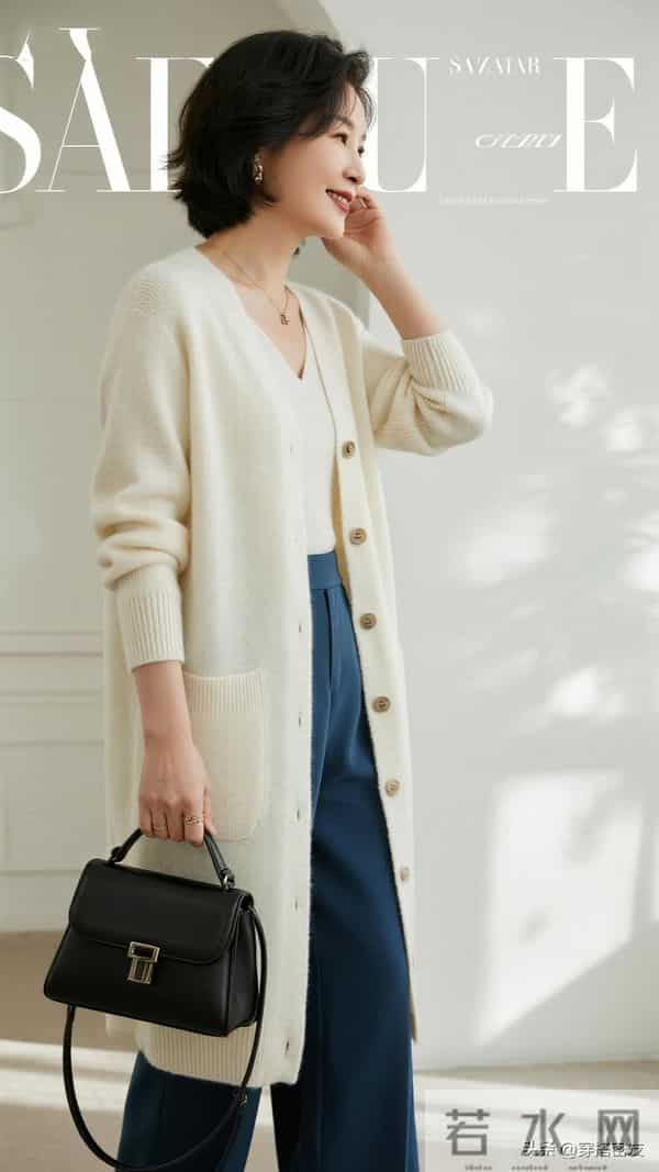 中老年女士冬季穿搭:米白色长款针织开衫内搭纯白色圆领T恤