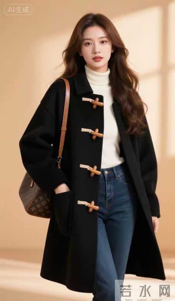 穿黑大衣与牛仔裤的魁力