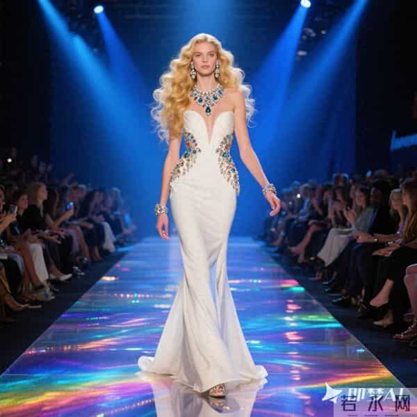 华丽灯光闪耀的走秀T台，地面彩色波光粼粼，T台下两侧坐满观众
