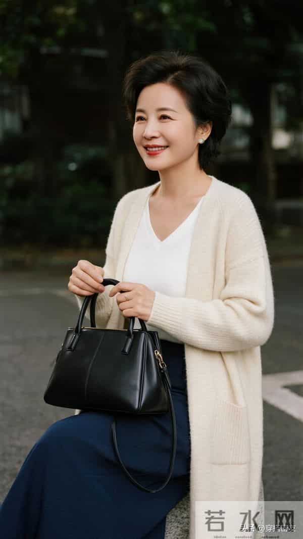 中老年女士冬季穿搭:米白色长款针织开衫内搭纯白色圆领T恤