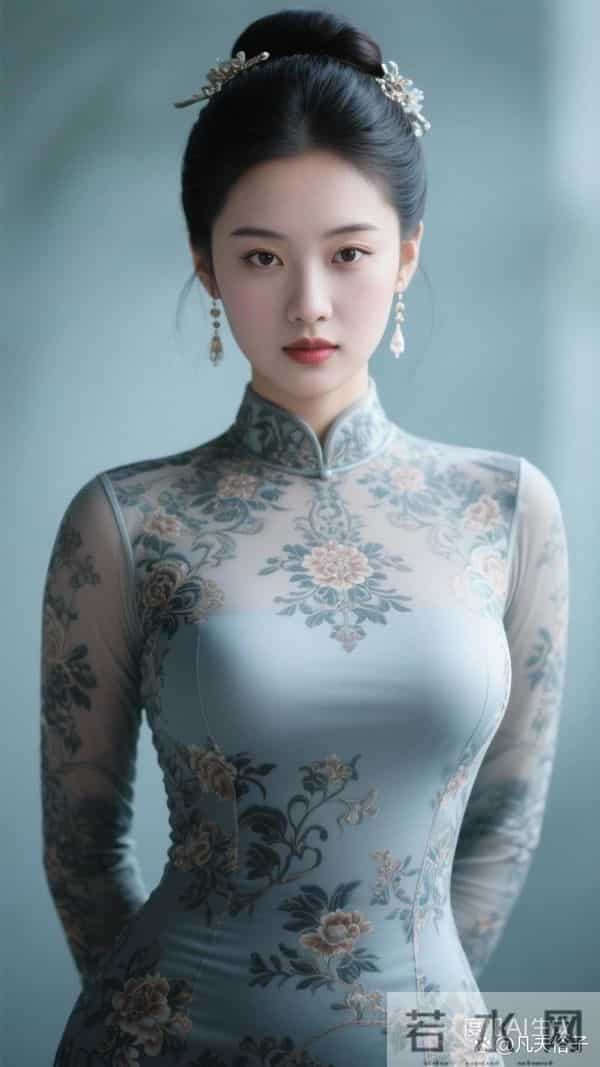 绣牡丹花的灰色旗袍