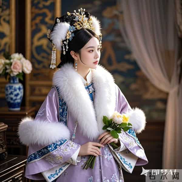 清宫贵妃,水粉色浅色紫色白色冬季服饰,有白色毛绒点缀领子