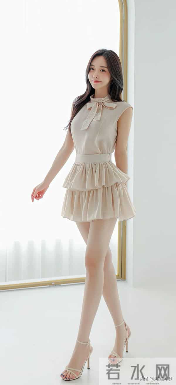 立领蝴蝶结束腰，双层荷叶边短裙，浅米色雪纺。