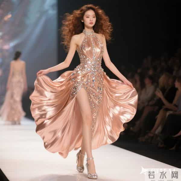 时尚潮流礼服设计师款玫瑰金色挂脖款重工礼服