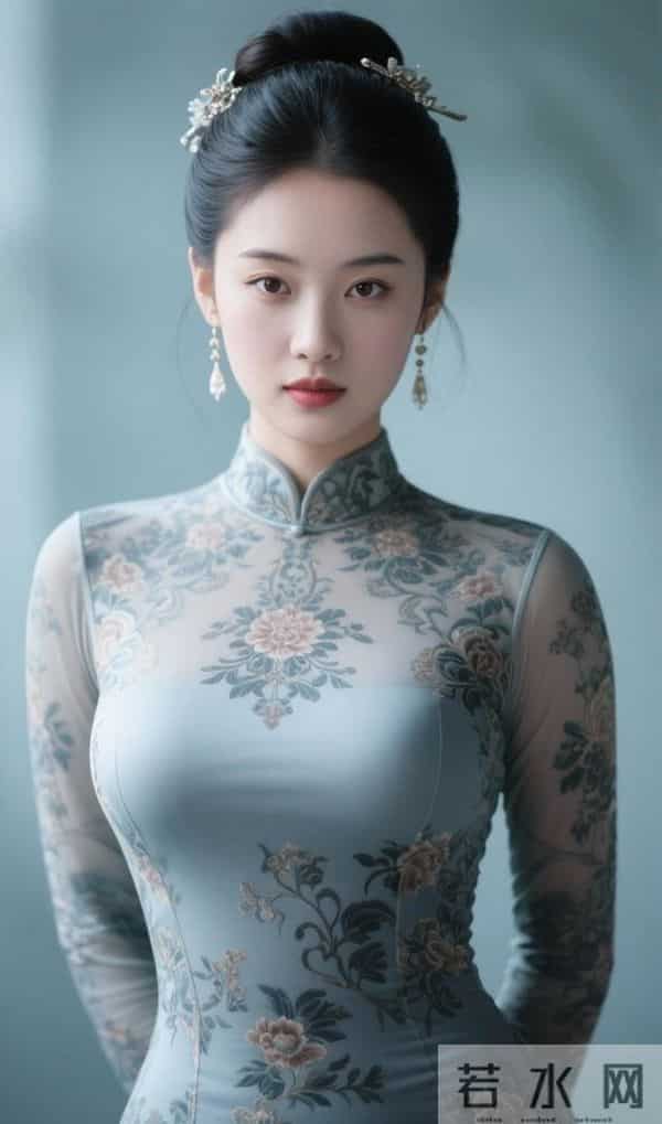 绣牡丹花的灰色旗袍