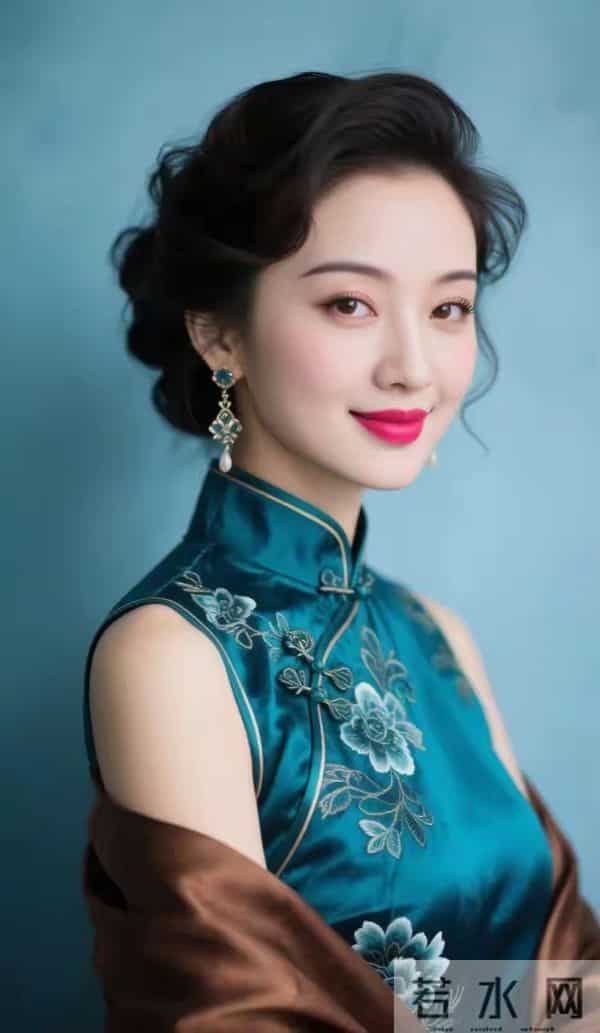 蓝丝绸旗袍与褐色披肩