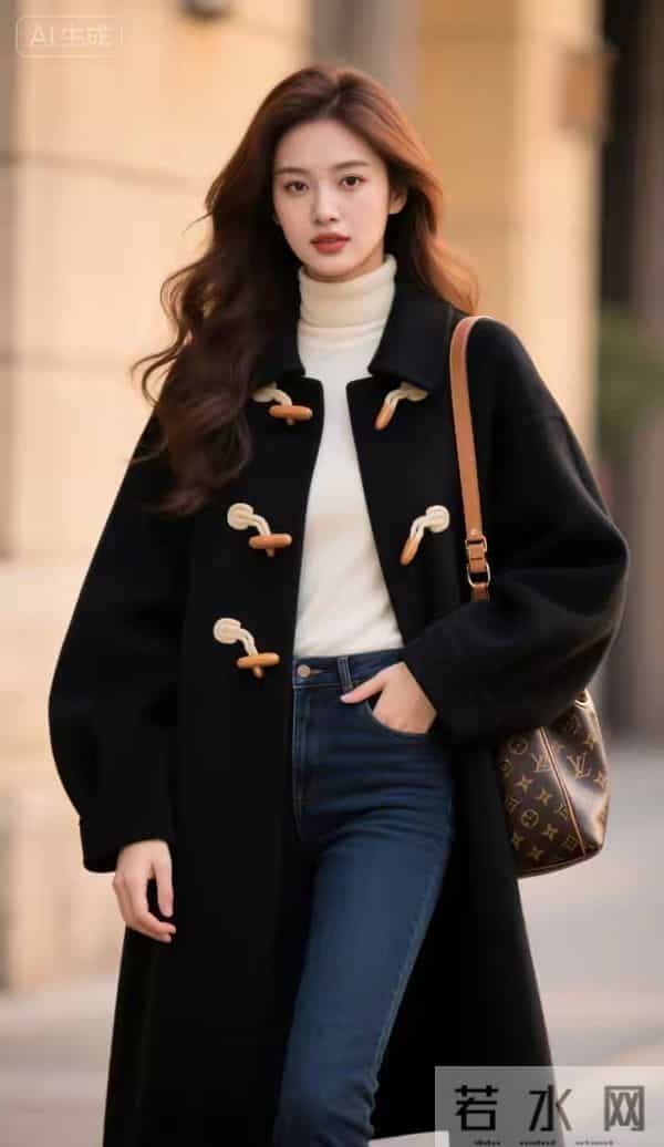 穿黑大衣与牛仔裤的魁力